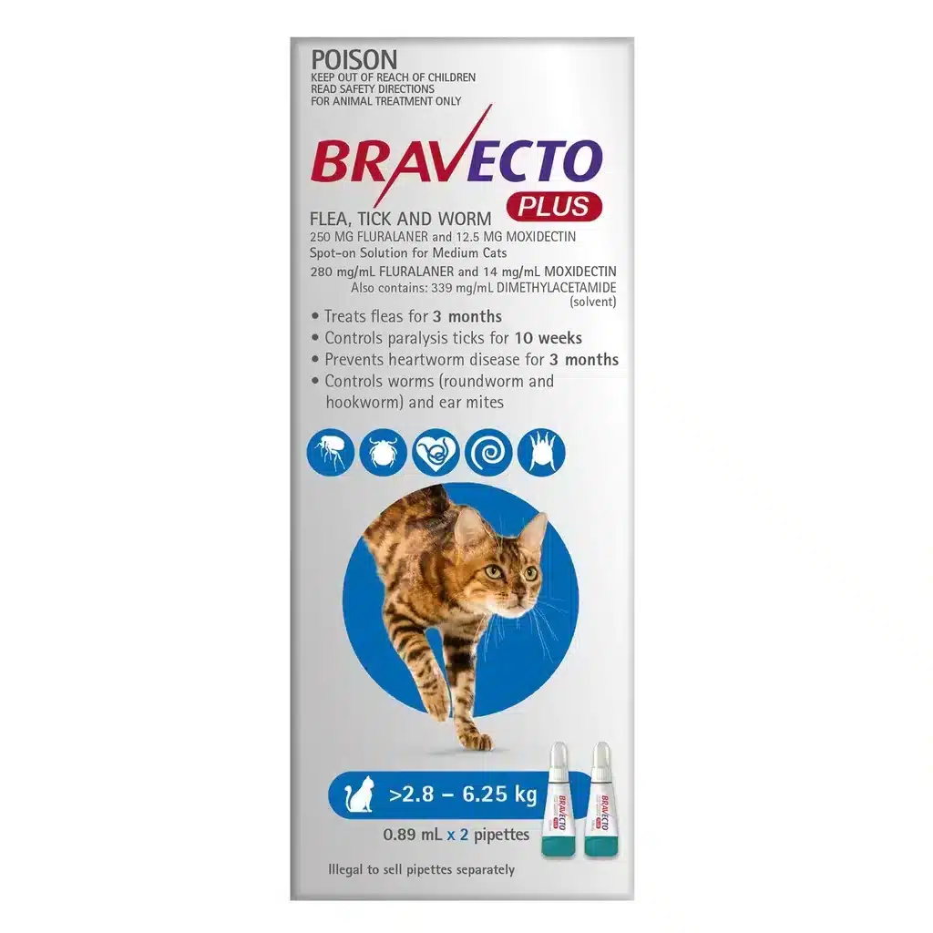 Bravecto Plus For Medium Cats 2.8 - 6.25Kg (Blue) One