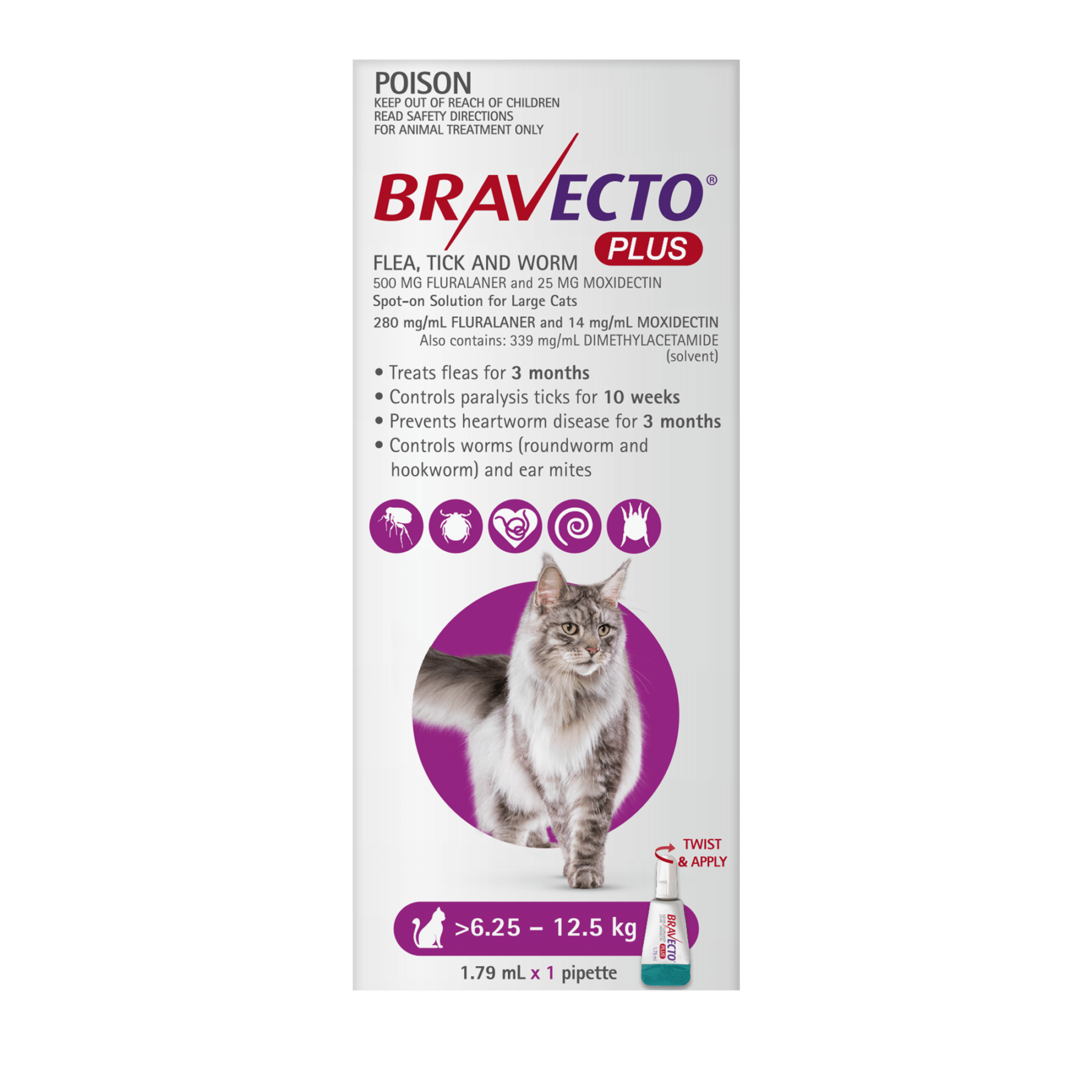 Bravecto Plus For Large Cats 6.5Kg - 12.5Kg (Purple) One