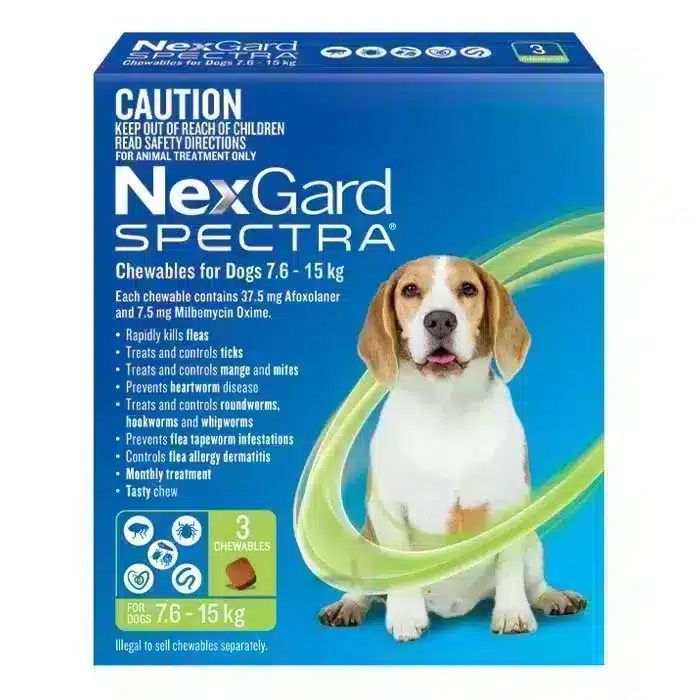 NexGard Spectra Medium Dog 7.6kg and 15kg (Green) 3 Pack